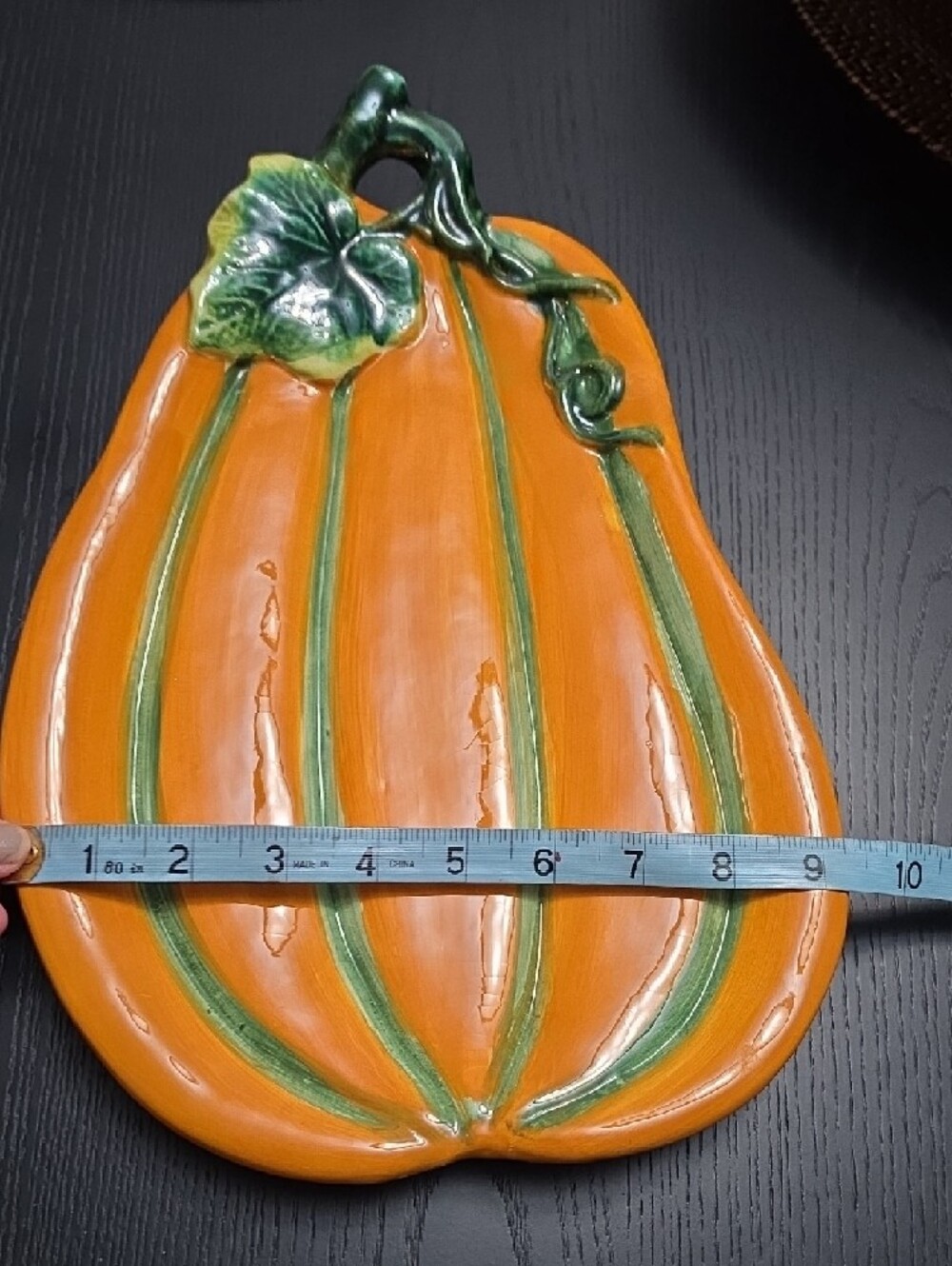 Festive Orange Ceramic Pumpkin Serving Platter with Green Accent - Picture 7 of 10